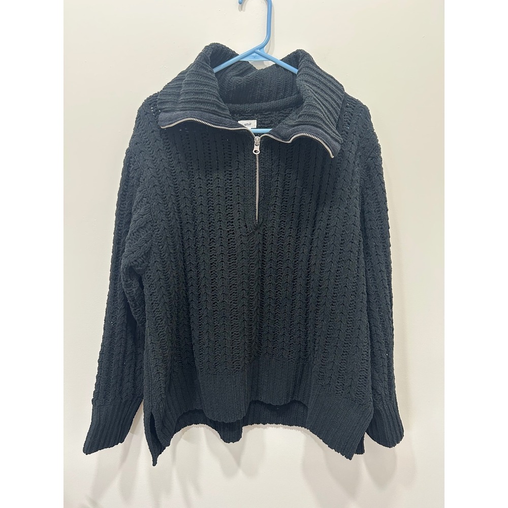 Aerie Sweater Womens Medium Black Chunky Knit Oversized Pullover Collar Cozy